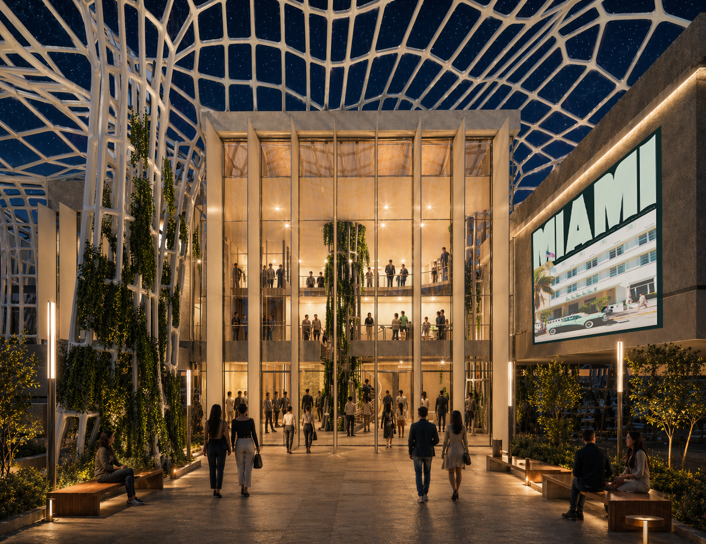 People walking into a modern, glass-front building with multiple floors, surrounded by plants and benches, under a decorative lattice ceiling at night, with a large electronic screen displaying Miami.