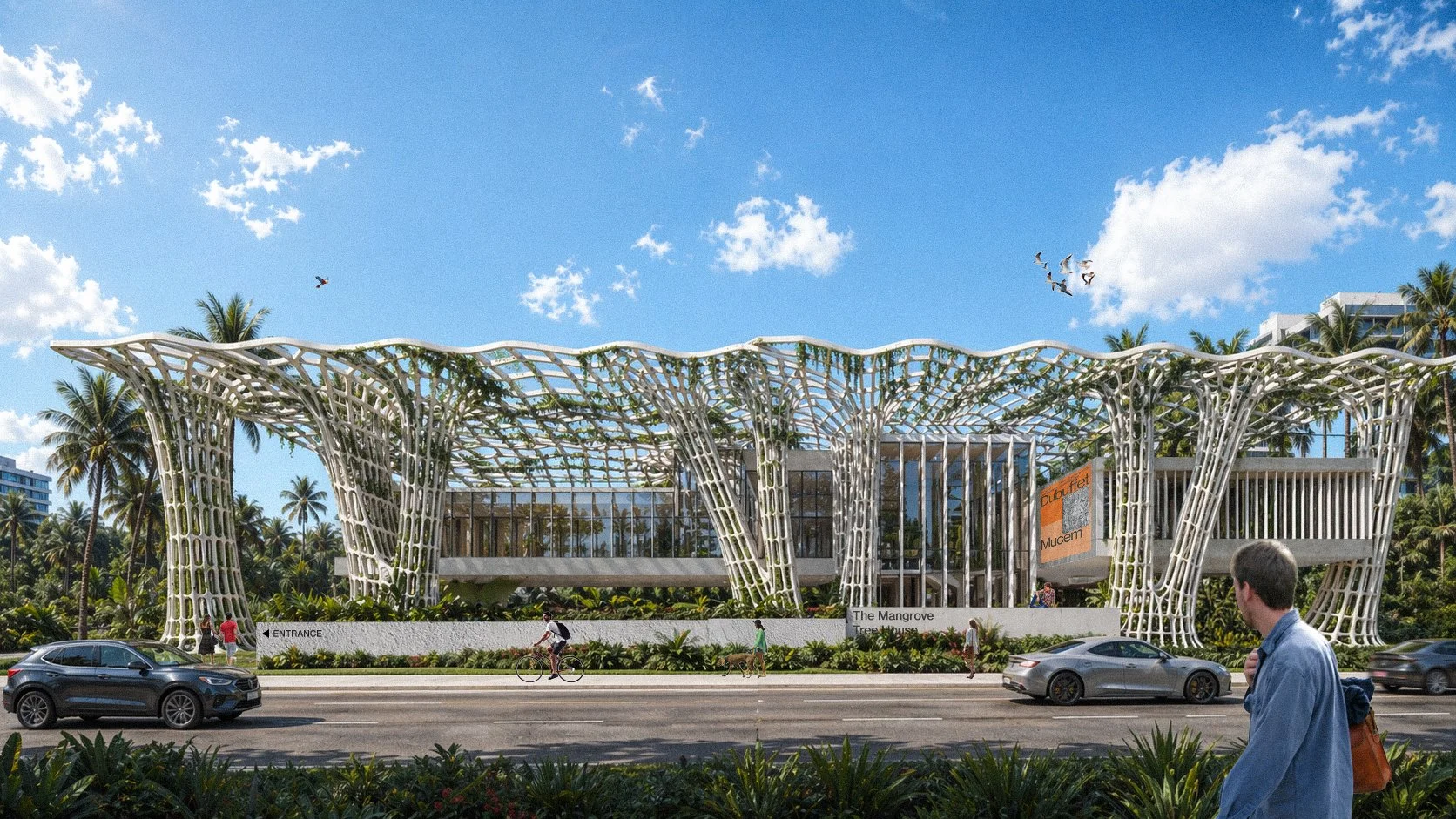 Modern architectural building with a wavy white lattice structure on top, surrounded by palm trees, cars, pedestrians, and a blue sky with clouds and birds.