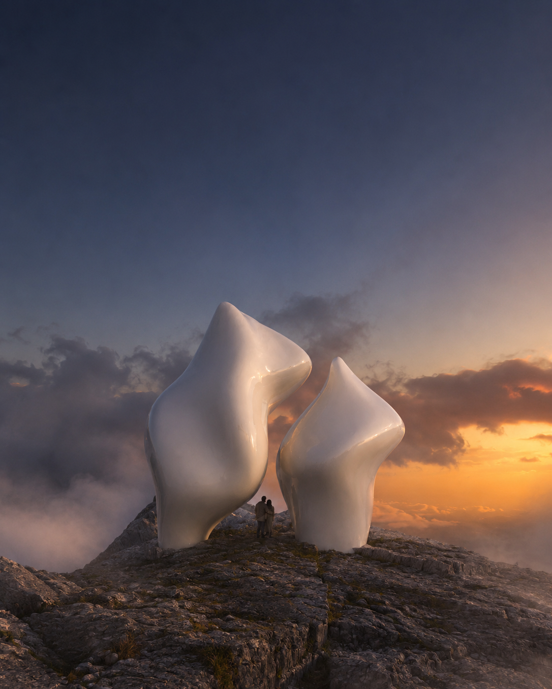 Two large abstract sculptures resembling oversized teeth on a rocky mountaintop at sunset, with a couple standing in front of the sculptures, and a cloudy sky in the background.