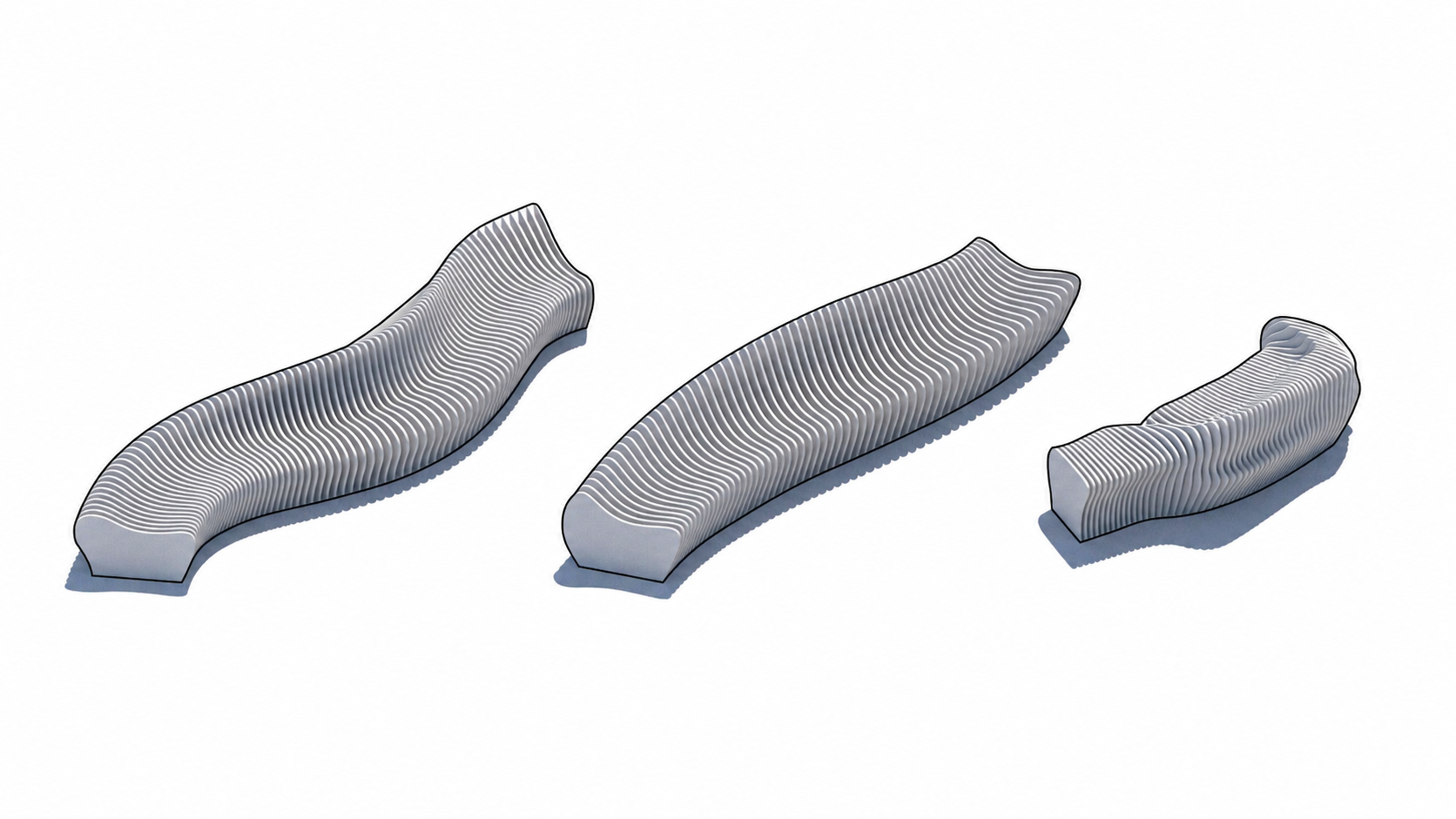 Three abstract, metallic, wavy sculptures with layered ridges, arranged from largest to smallest on a white background.