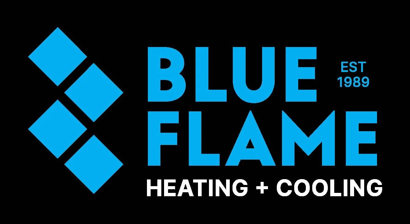 Logo for Blue Flame Heating and Cooling, established in 1989, with a stylized blue diamond and square shapes and blue and white text on a black background.