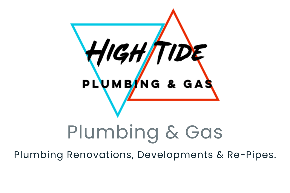 Logo for High Tide Plumbing & Gas featuring two overlapping triangles in blue and red, with the company name written across the triangles.