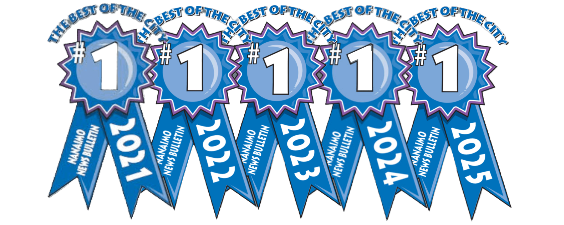 Multiple blue ribbons with a starburst shape, each displaying '#1' in white, and with a blue banner hanging beneath that reads 'NANAI MO NEWS BULLETIN' and the year '2015' in white.