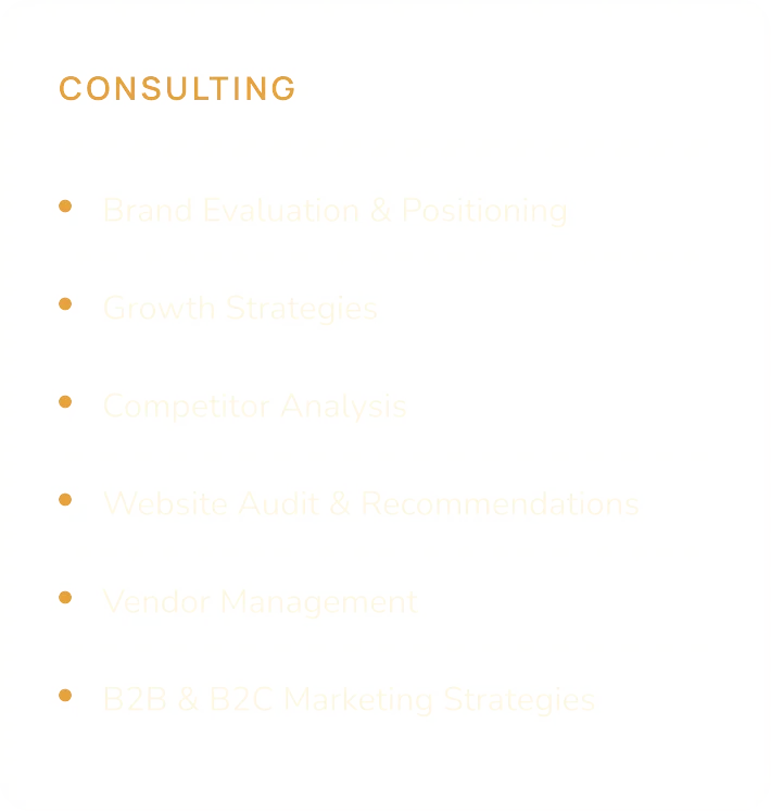 B2B & B2C Marketing Strategies, Vendor Management, Brand Evaluation & Positioning Growth Strategies Competitor Analysis, Website Audit & Recommendations