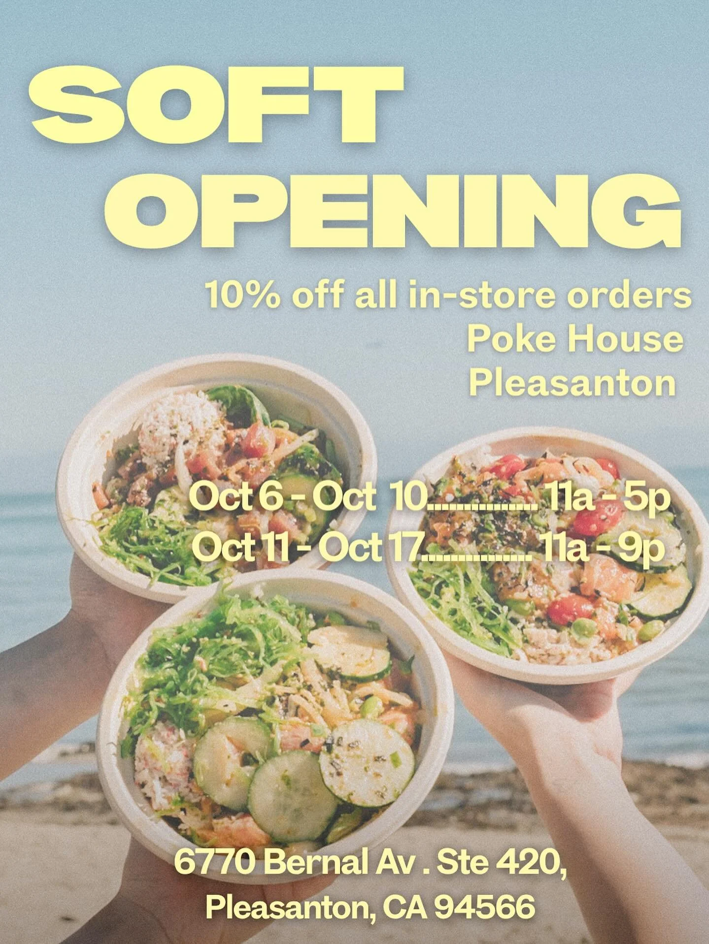 ‼️SOFT OPENING ALERT‼️

Pleasanton, we&rsquo;re almost ready for you!🐟🧡

🎉 Join us for our soft opening:
📅 Oct 6&ndash;10: 11AM&ndash;5PM
📅 Oct 11&ndash;17: 11AM&ndash;9PM

🎁 Enjoy 10% OFF all in-store orders!

📍6770 Bernal Av Ste 420, Pleasan