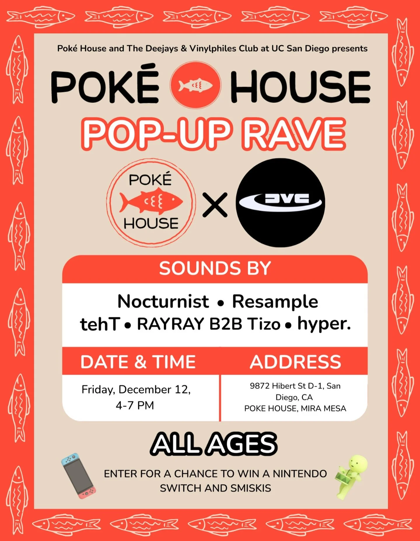 POKE RAVE?? 😱🐟

In celebration of our San Diego location&rsquo;s one-year anniversary, we&rsquo;re teaming up with @dvcatucsd to bring you a POKE RAVE! 🎉🎧🍚

✨ Event Details:
📍9872 Hibert St, Unit D-1 San Diego, CA 92131
📅 Dec 12
⏰ 4 PM &ndash;