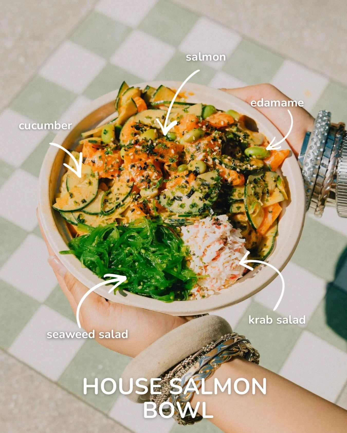 Highlighting a classic today 🐟✨

Fresh salmon, krab salad, masago, crisp cucumber, edamame, sweet onion, and green onion, finished with furikake, seaweed salad, sriracha aioli, and citrus ponzu. 😮

Forever a favorite, the House Salmon Bowl never mi