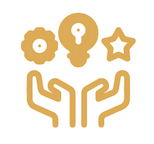 Yellow gear icon with hands, stars, and lamps for an excavation company in Bend Oregon.