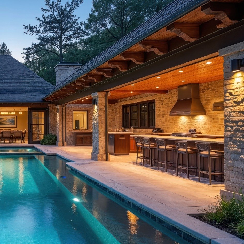 Pool and Outdoor kitchen in the backyard with a pool house dining built by the best turnkey pool installer in Bend Oregon.