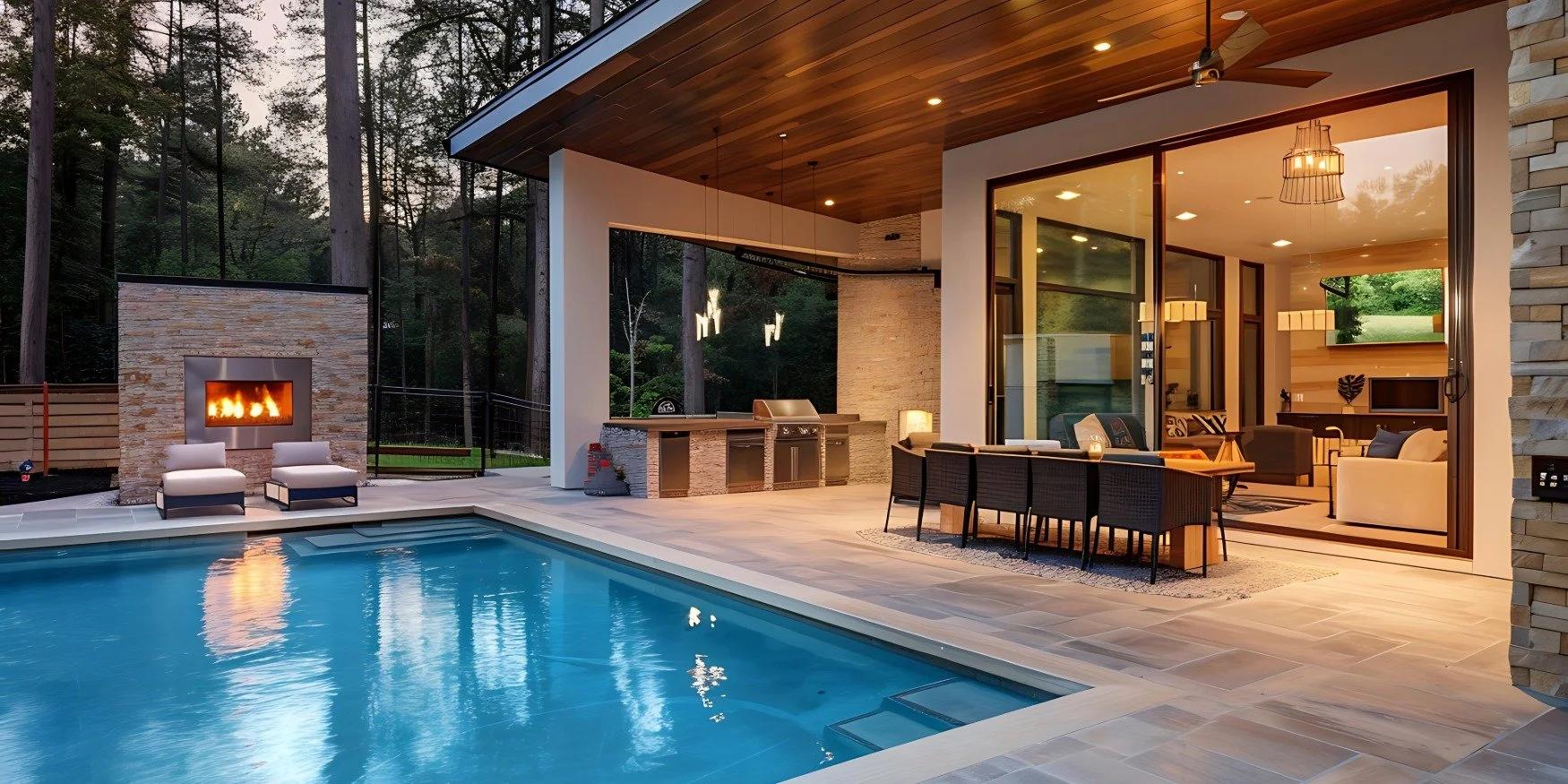 Modern backyard with a swimming pool, outdoor fireplace, grill area, and an open living space with large sliding glass doors.