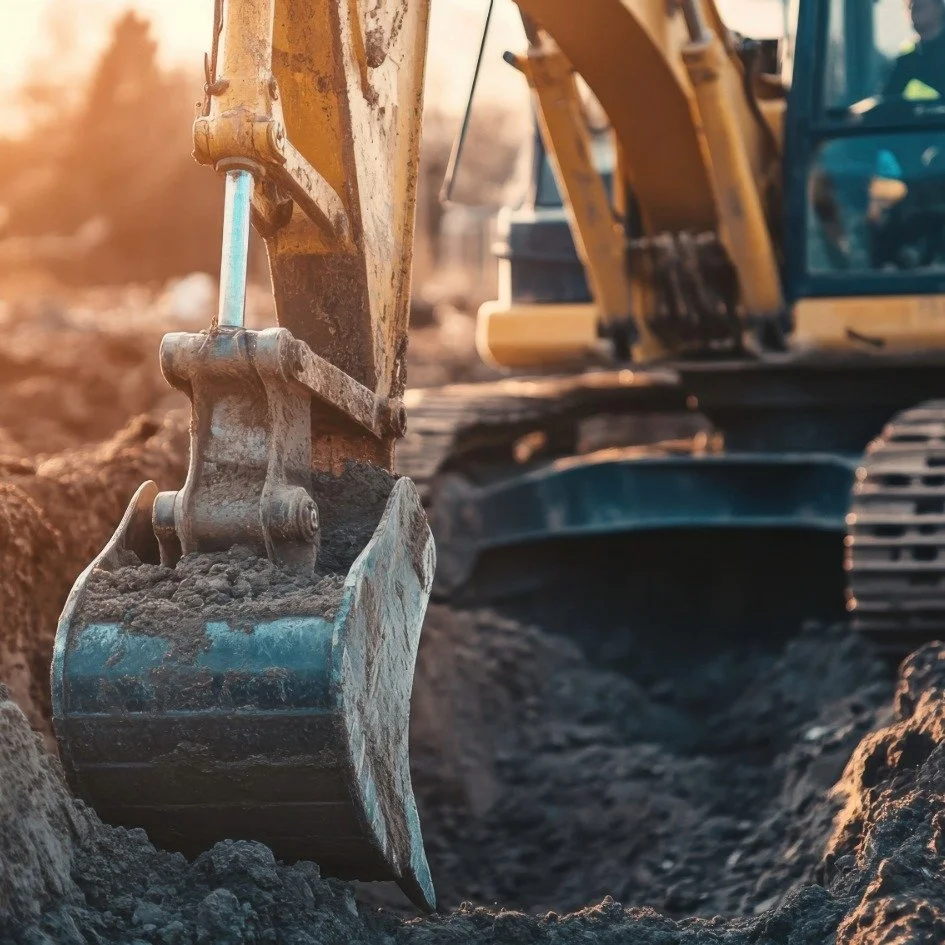 An excavator scoop in the middle of a soil preparation project by a Central Oregon Excavation Company.