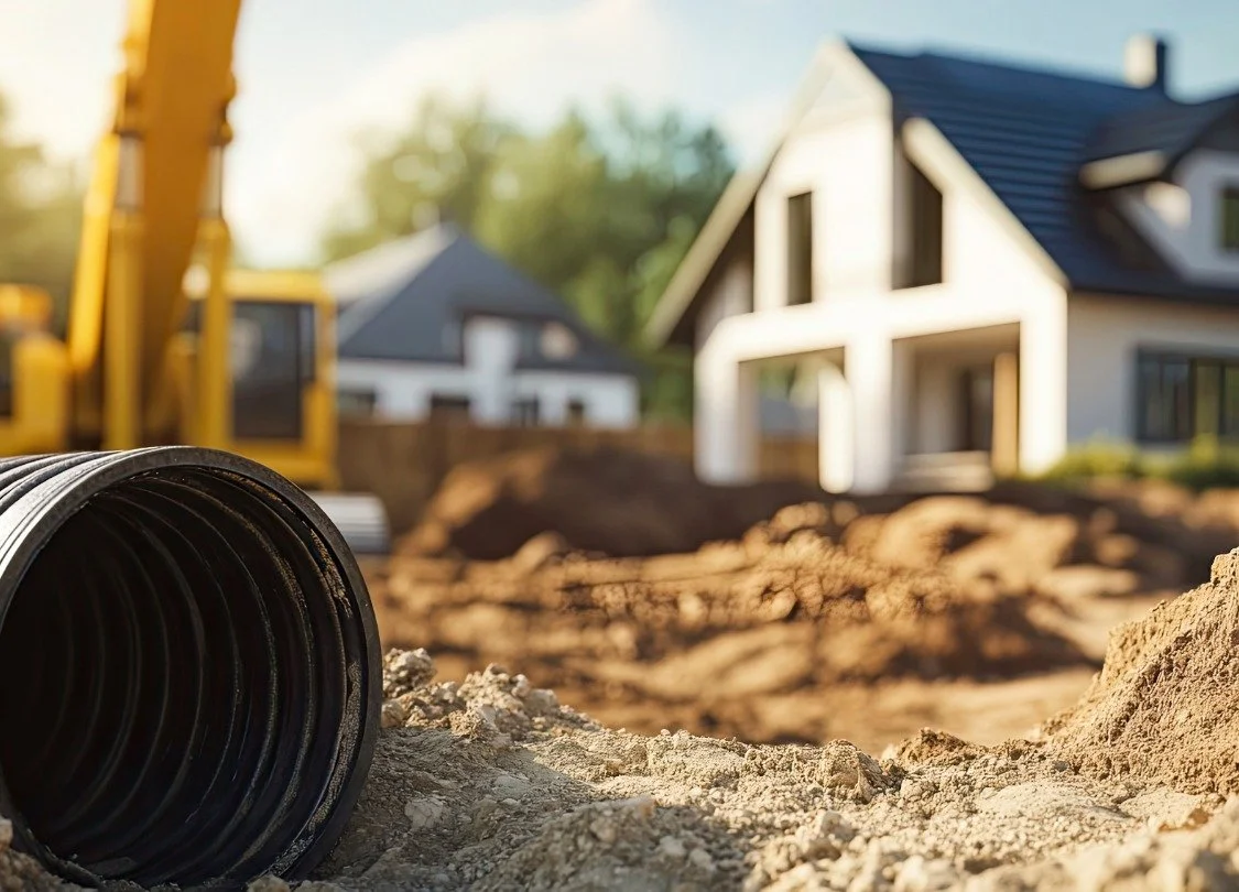 Drainage pipe and excavator behind a white house as part of an Bend Oregon excavation project.