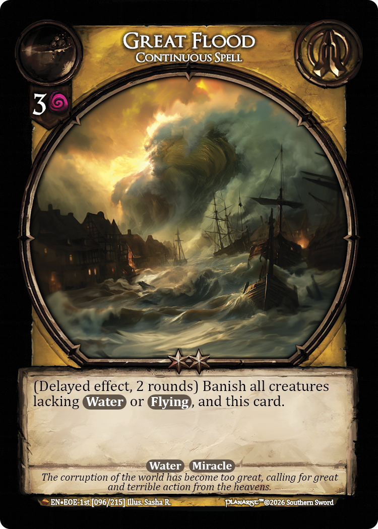 A fantasy-themed game card titled "Great Flood," depicting a massive storm with dark, swirling clouds, turbulent waters, and ships caught in a flood, with a backdrop of buildings on a shoreline.