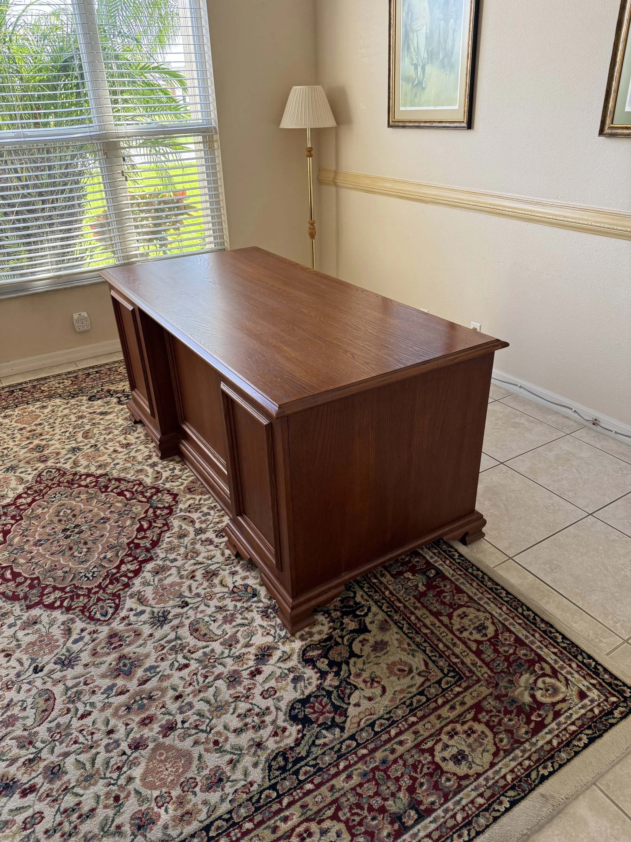 Solid Wood Desk, Area Rug, Lamp