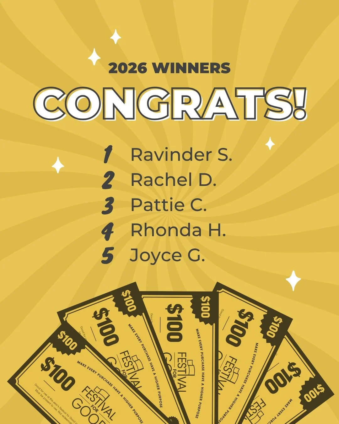Five people just scored $100 Festival Cash to spend at this year&rsquo;s Festival for Good! 💸 Stop by our Welcome Booth (near Haines Ave) to claim your prize + enjoy shopping for GOOD!

1️⃣ Ravinder Singh
2️⃣ Rachel Doan
3️⃣ Pattie Caudy
4️⃣ Rhonda 