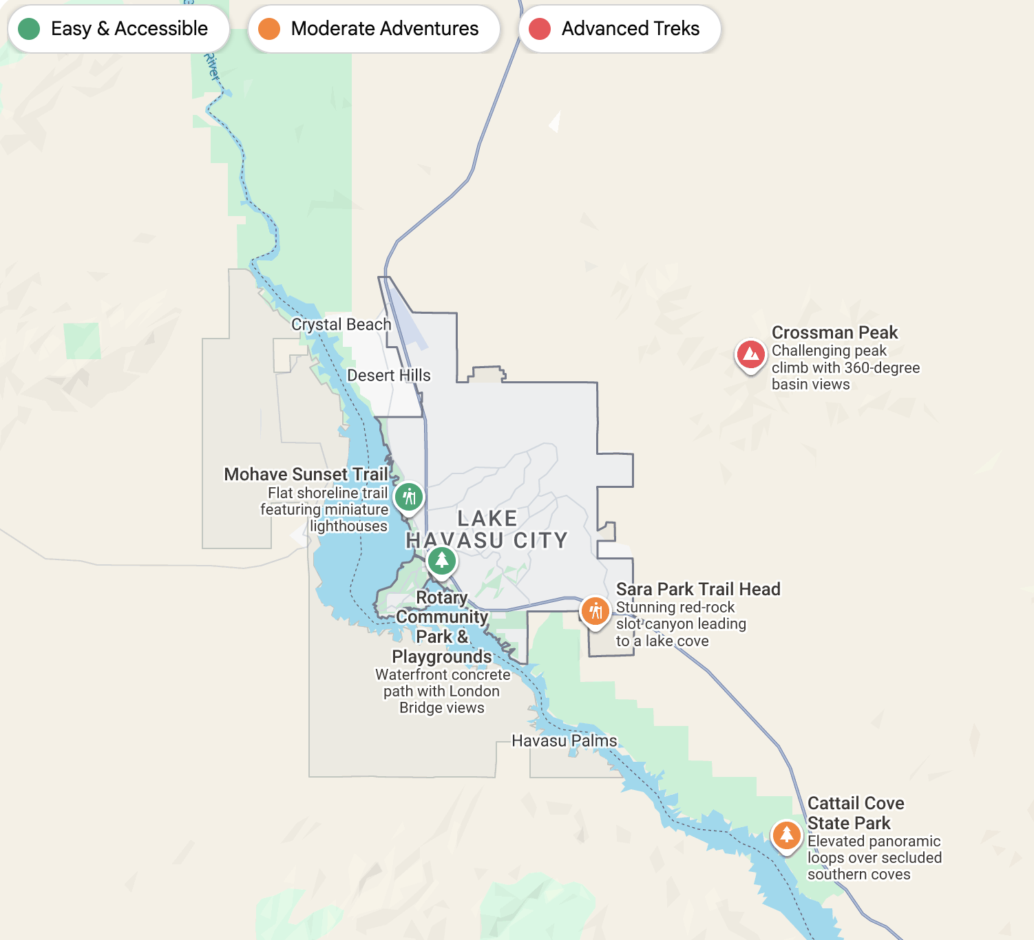 map of lake havasu area with hiking trails marked