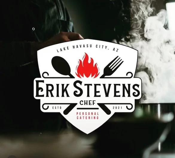 Logo for Erik Stevens, a chef offering personal catering in Lake Havasu City, AZ, established 2021, featuring a spoon, fork, and flame.