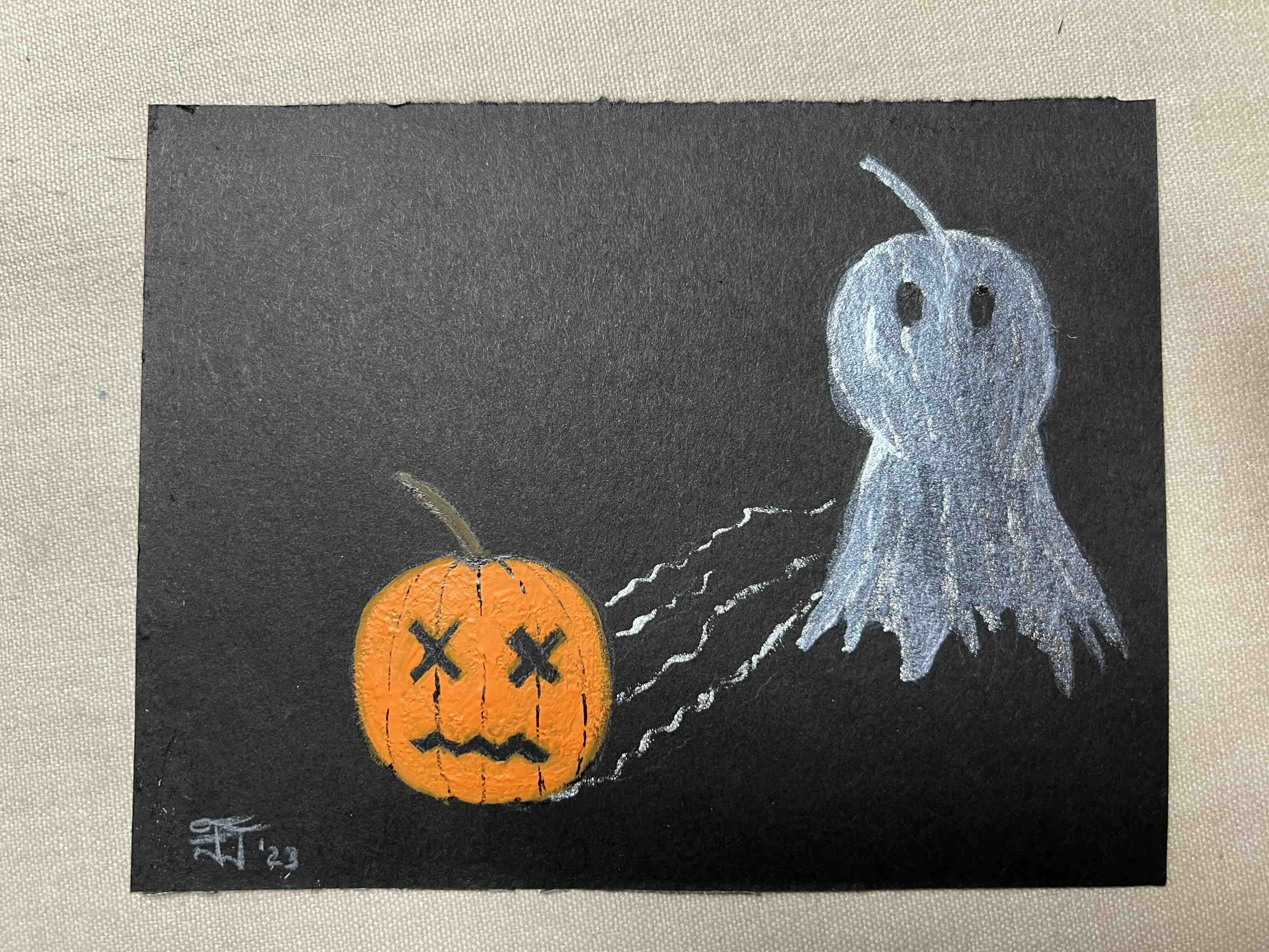 "Ghost Pumpkin" (2023). Gouache and Culture Hustle "Unicorn Milk" on black paper. 