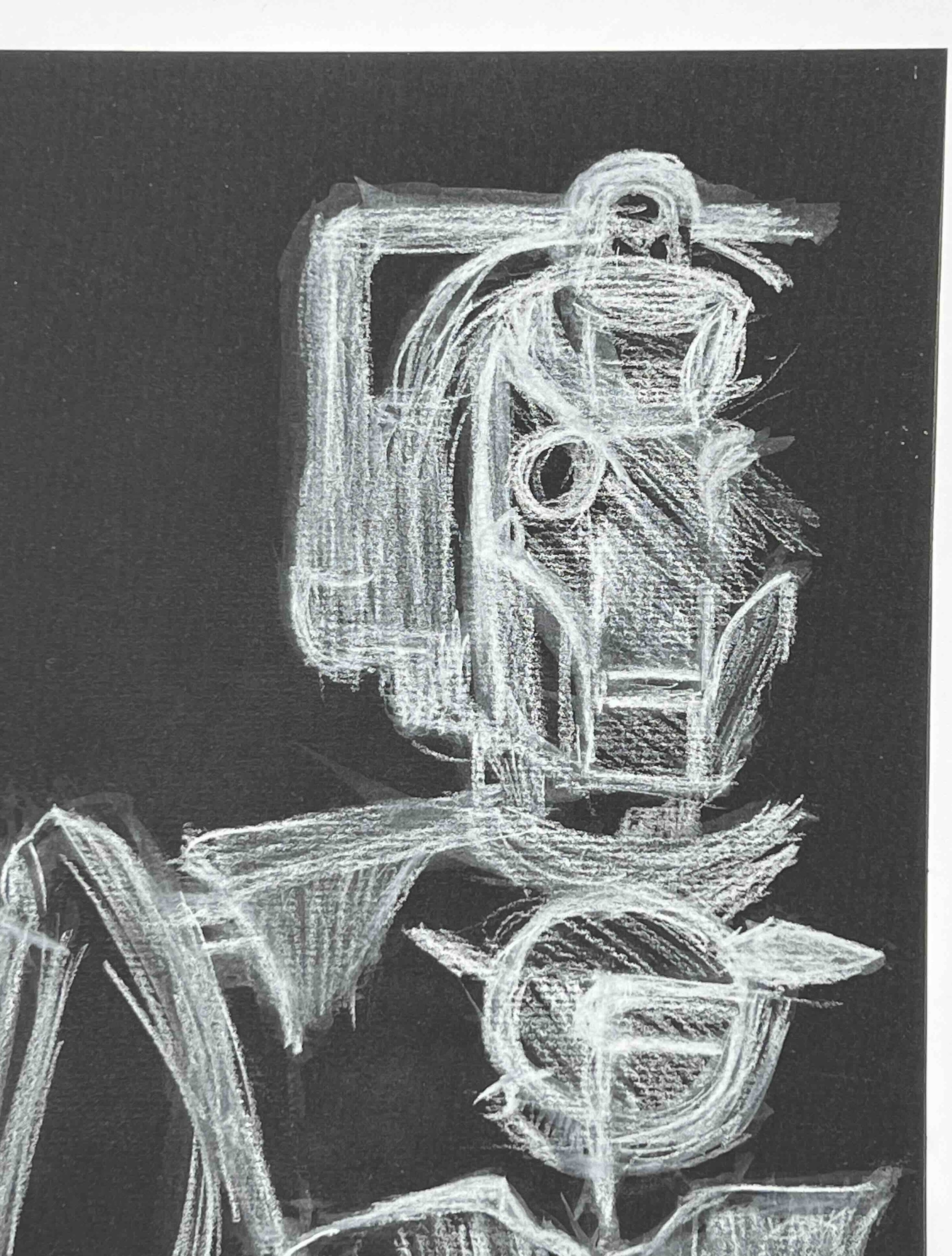 "Cyberman" (2006). 6x8ins. White charcoal pencil on black paper. 
