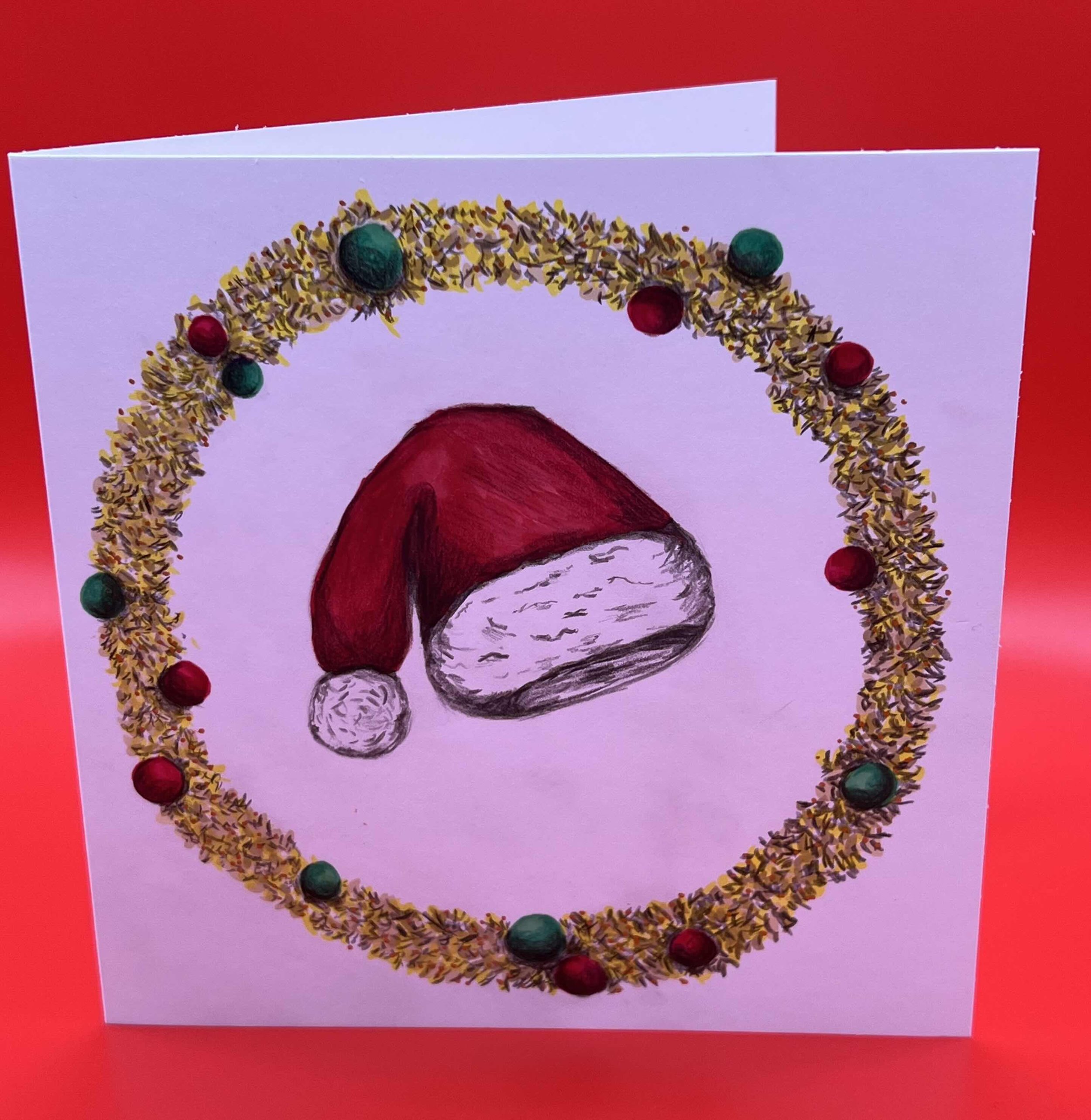 "Santa Tinsel Wreath" Christmas card. Alcohol marker and pencil. (2025)