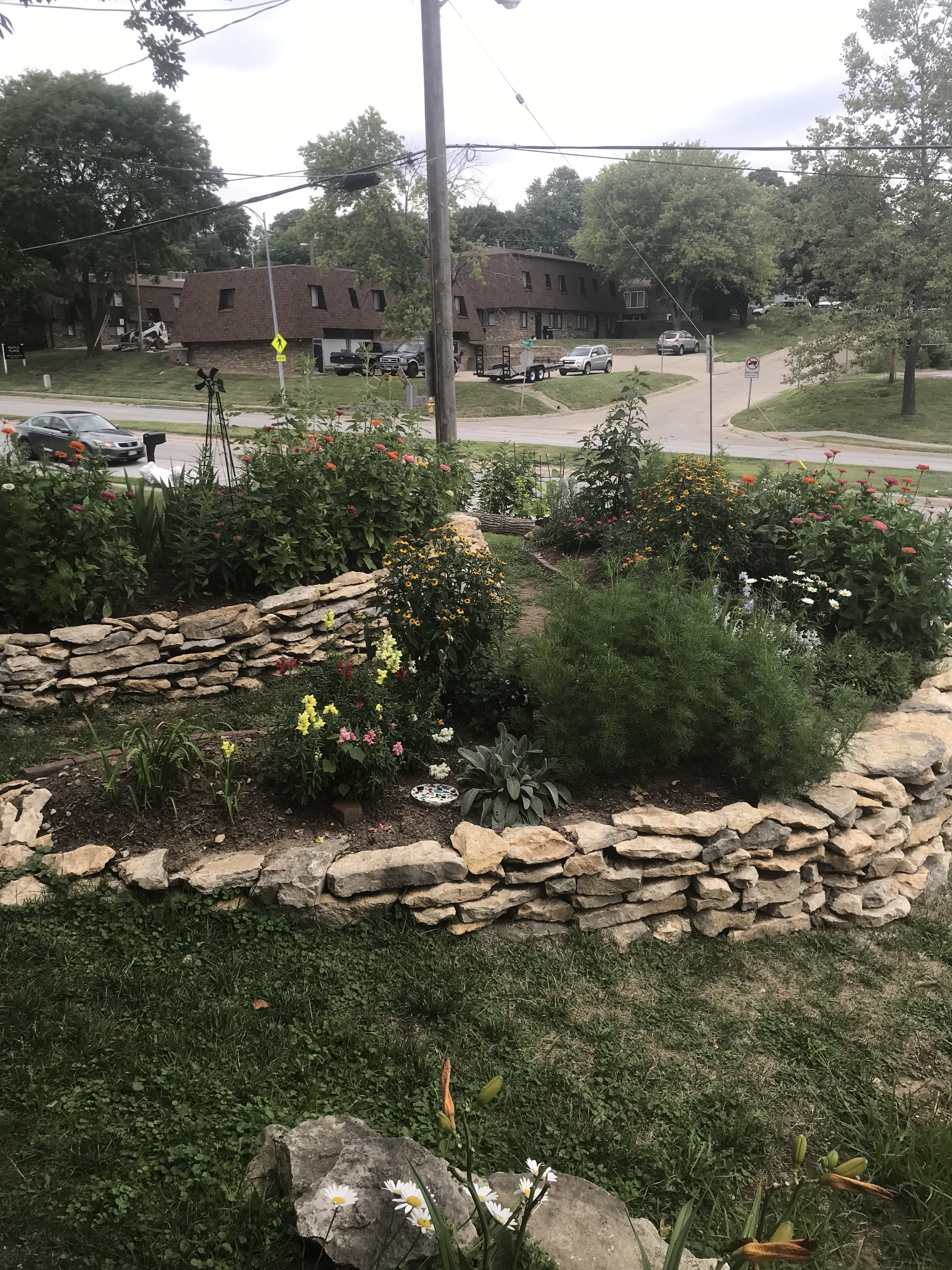Swale system with a limestone riprap retaining wall on the face. Beneath these beds are buried logs as well. All this stone was sourced from the previous wall downslope that we demolished and improved on with scavenged concrete.
