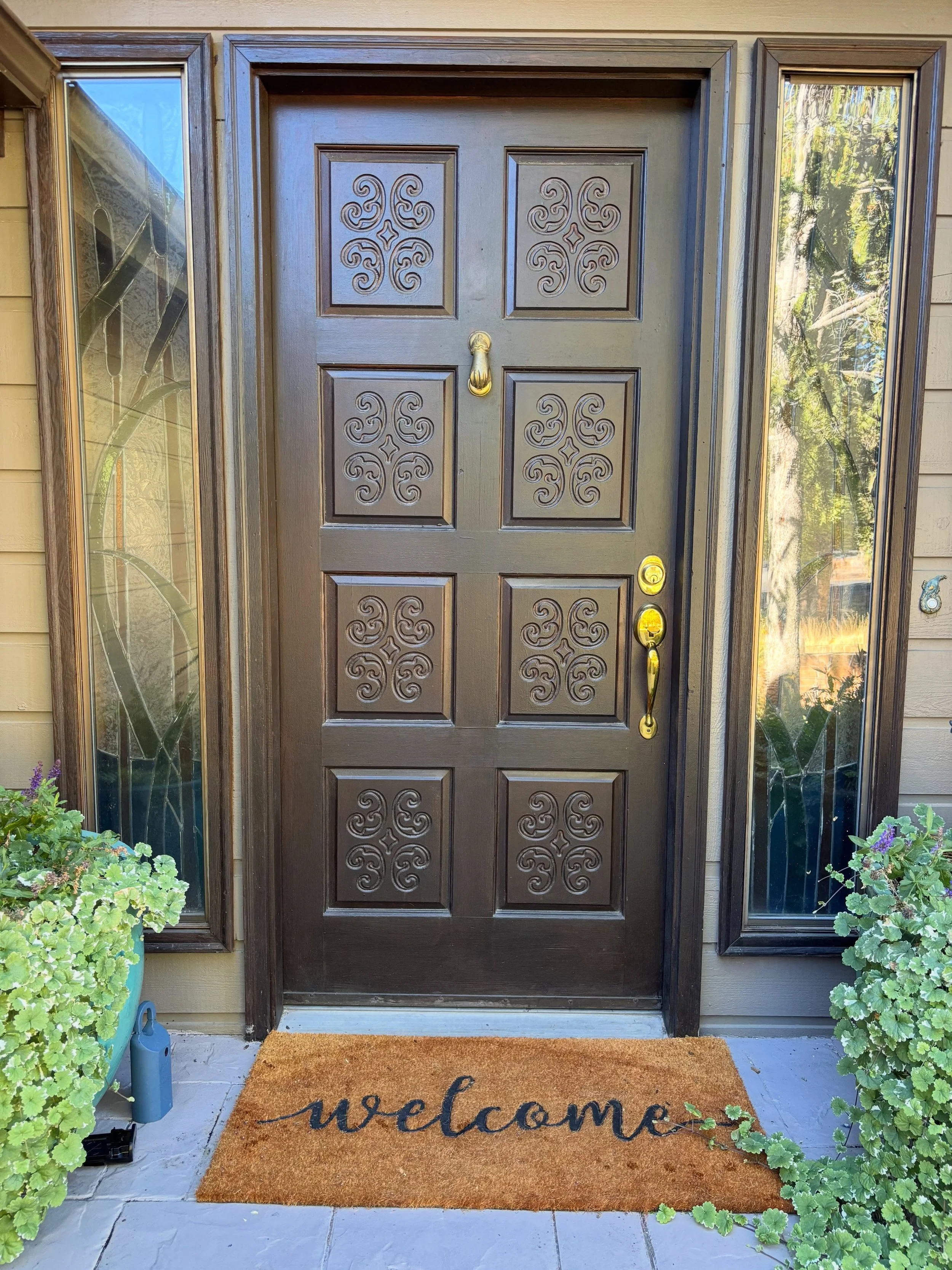 FOR SALE:
A hefty door knocker hand carried from Europe.  Custom cattail stained glass side lights. A gas fire pit and a huge paver patio around a small yard with space enough to hit a few chip shots into the rest of your 2.14 acre lot. A separate 3 