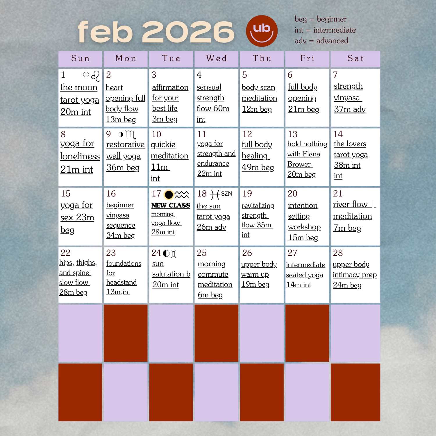 February 2026 Class Calendar