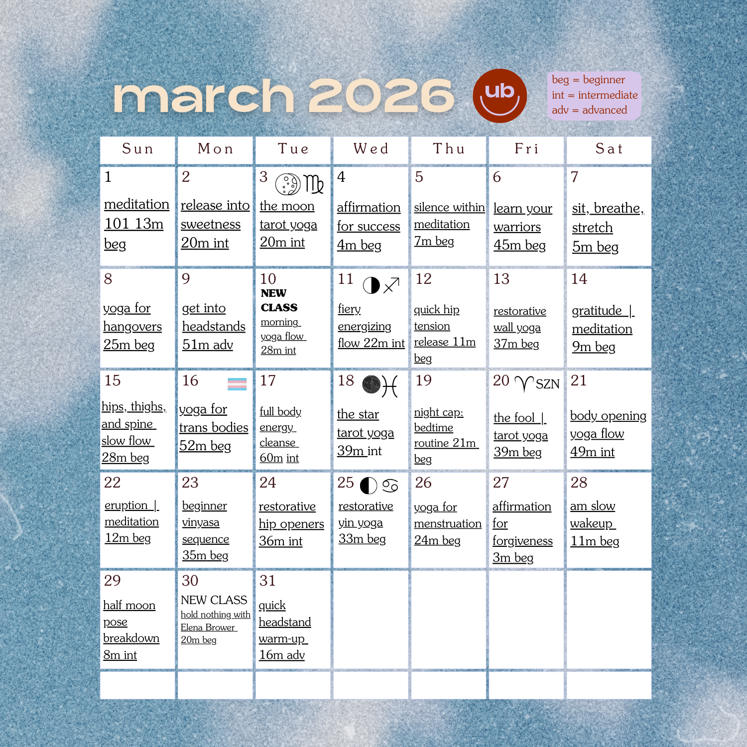 March 2026 Class Calendar