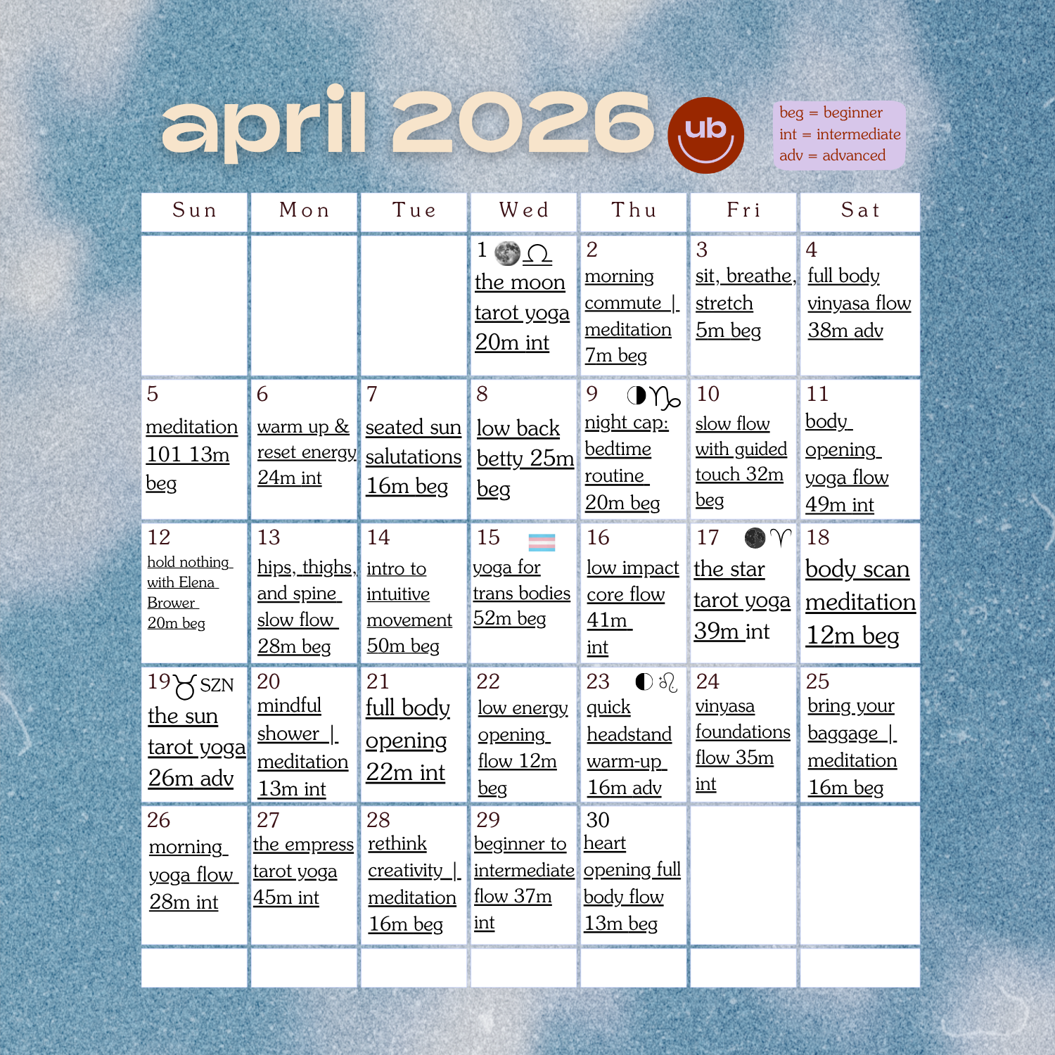 April 2026 Class Calendar