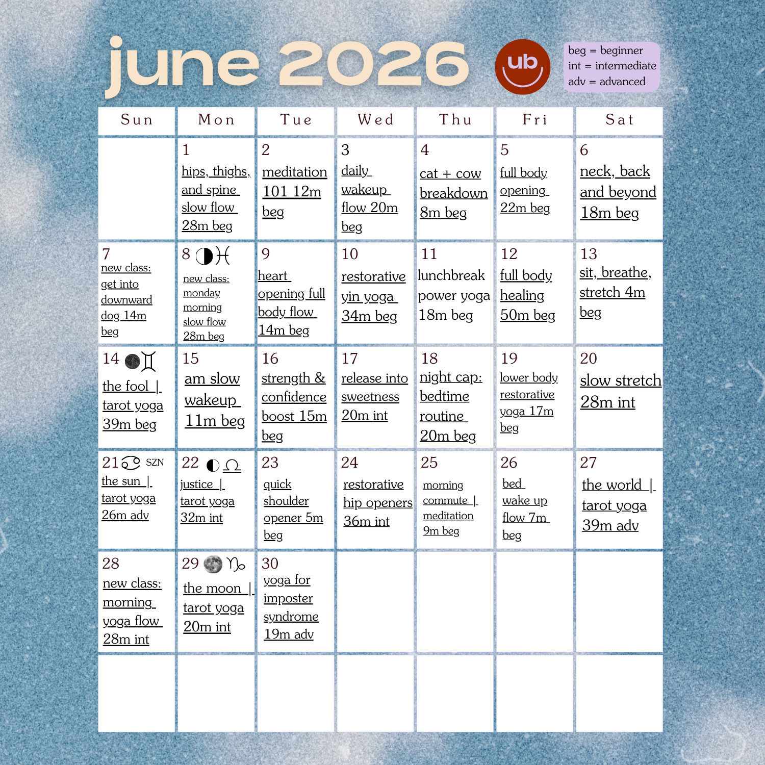June 2026 Class Calendar 