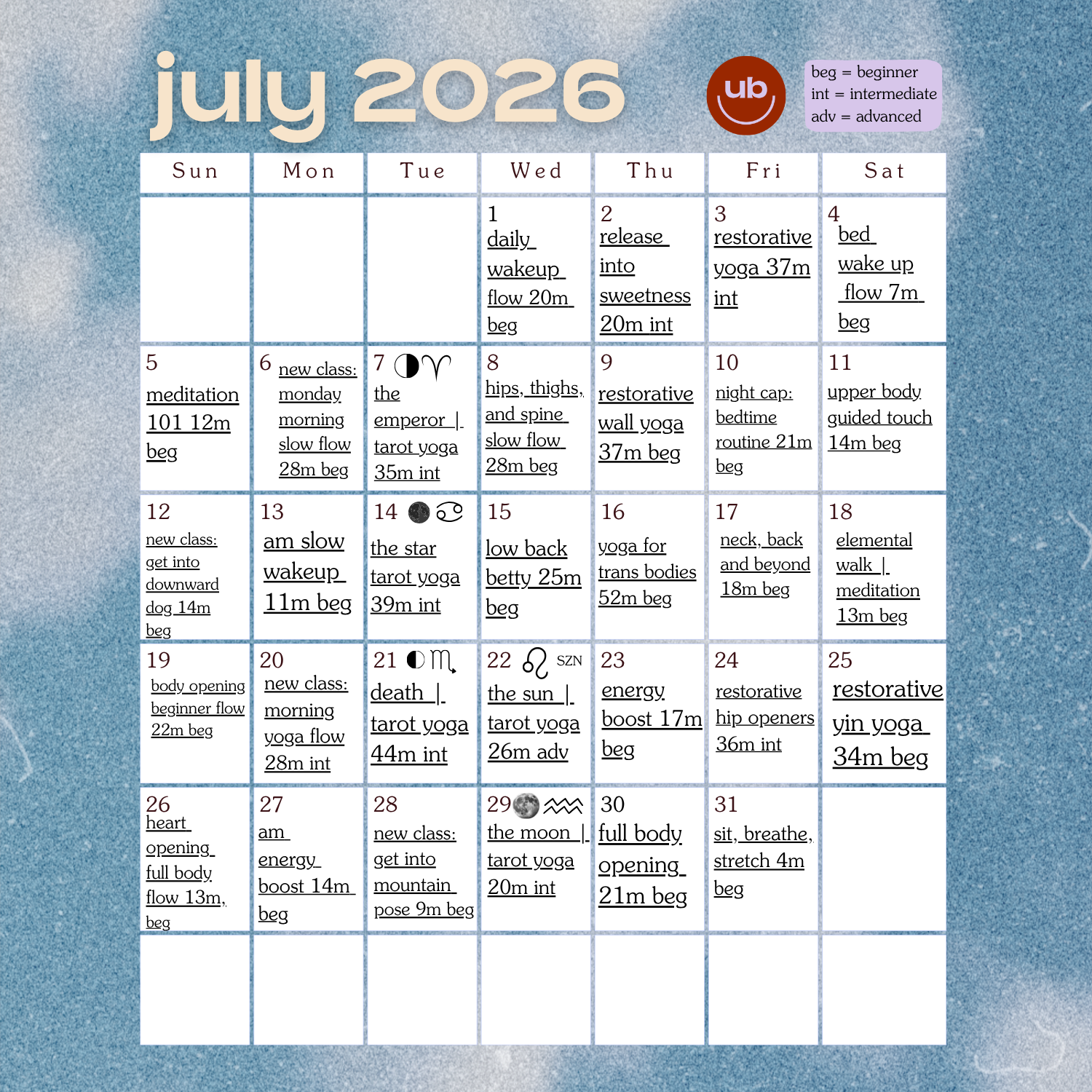 July Class Calendar 2026