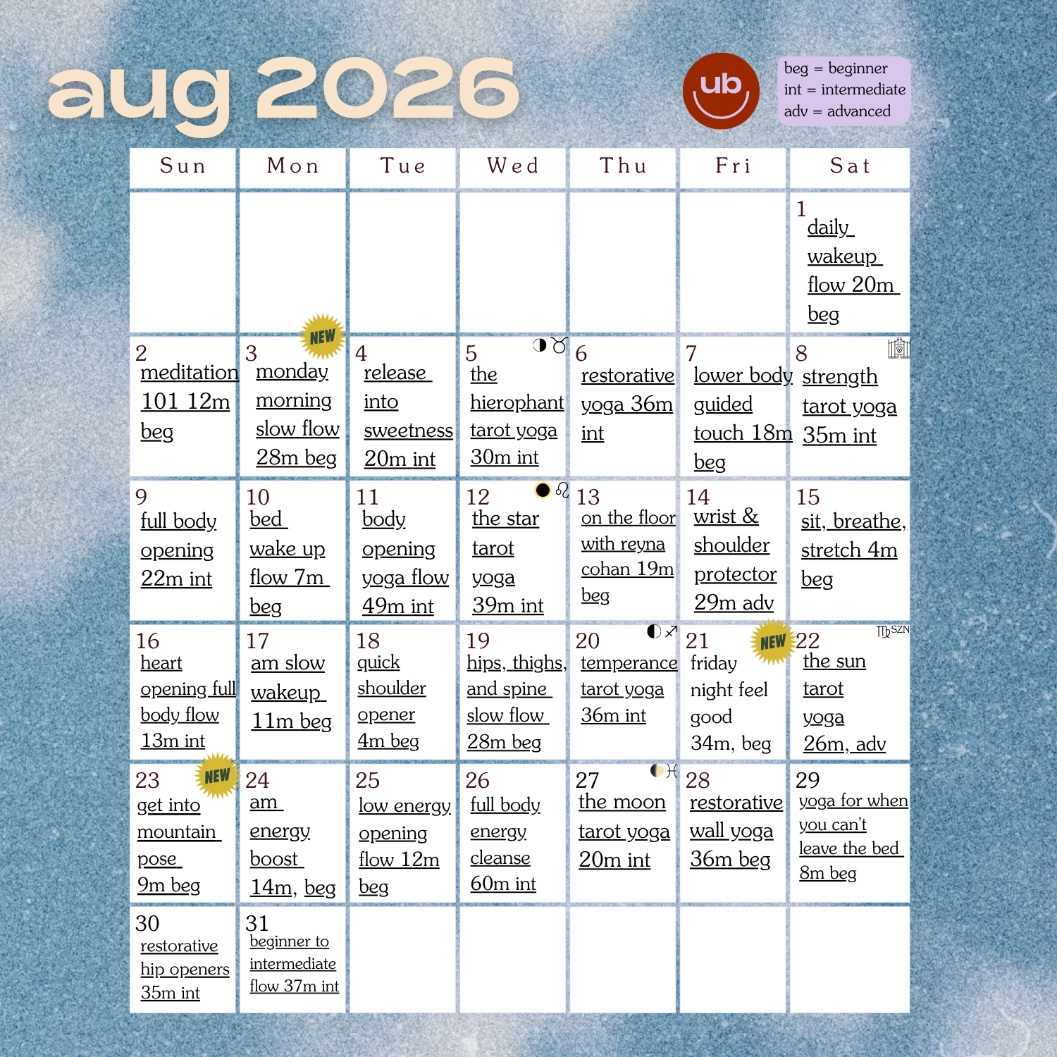August Class Calendar 2026