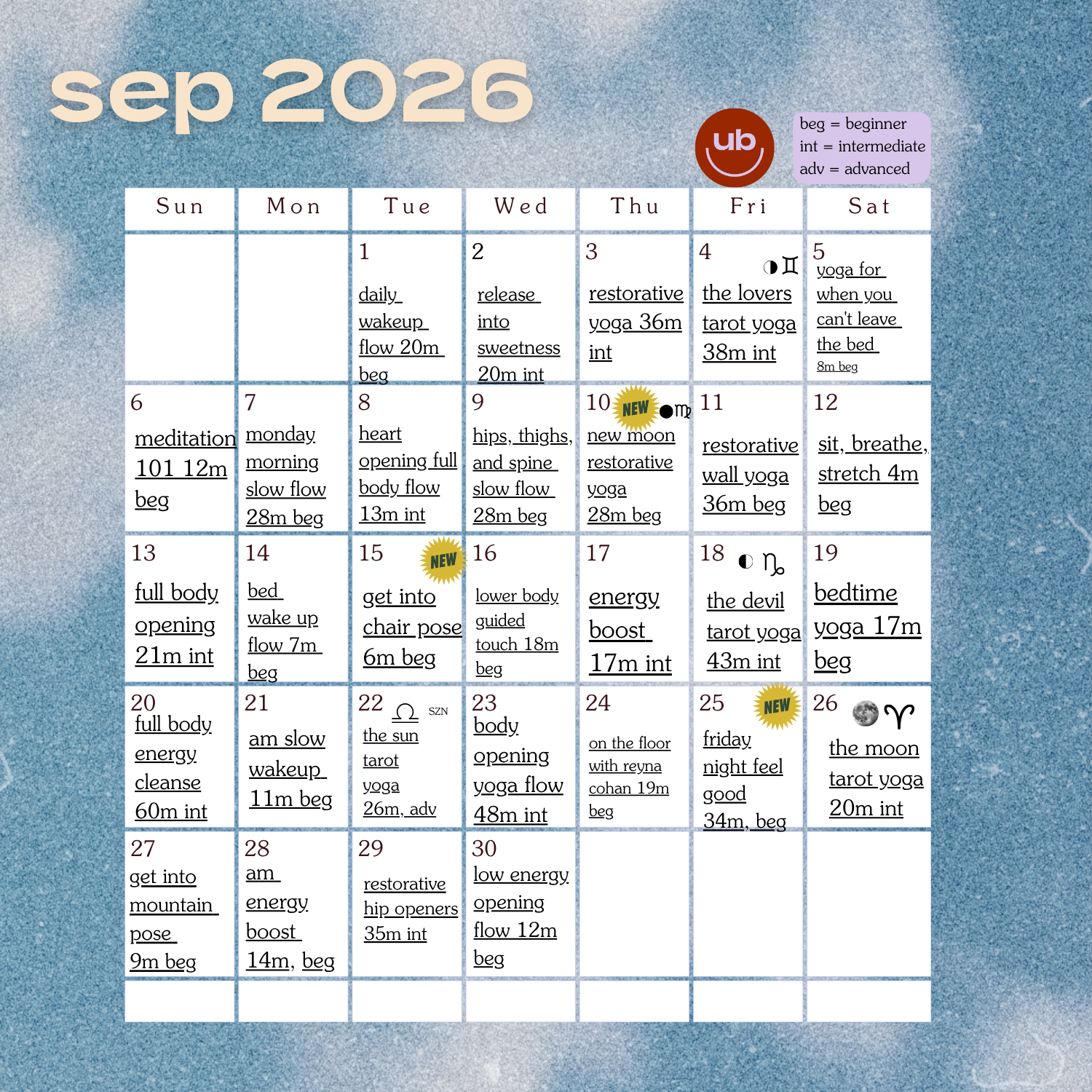 September Class Calendar 2026