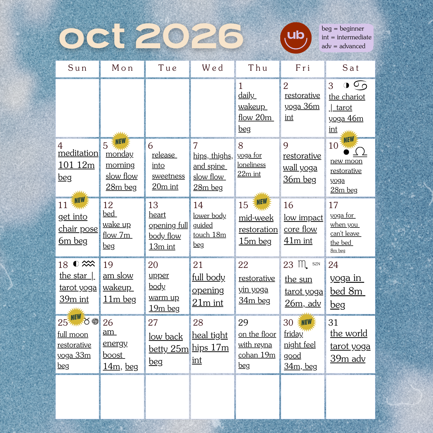 October Class Calendar 2026