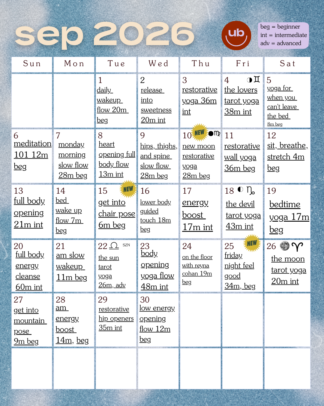 september calendar with classes chosen for you. beginner yoga and meditation for every day of the month.