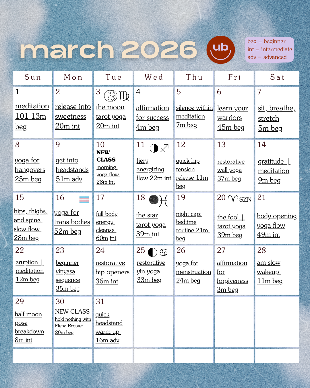March Calendar with a yoga class a day chosen for your beginner yoga practice.