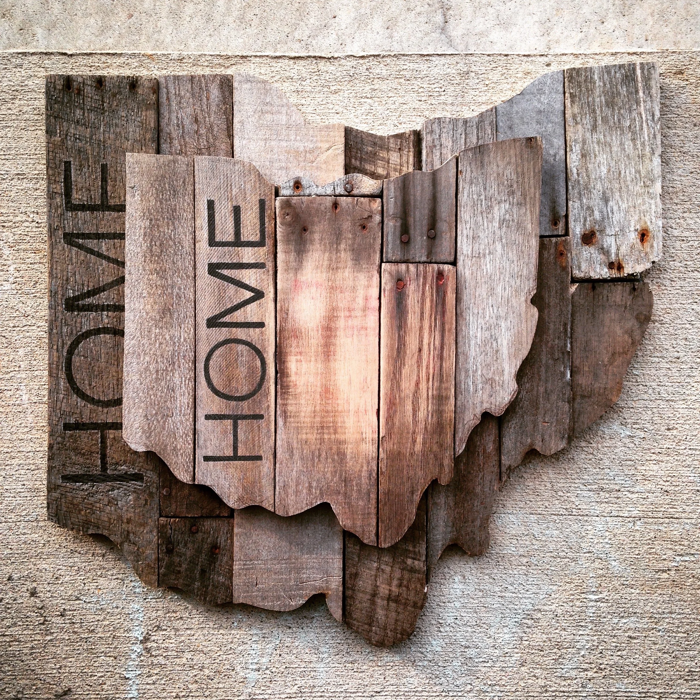 Had a period where the OHIO cut out's were super popular. Had a load of commissions for these at different sizes. Backed with 1/2" plywood then finished with reclaimed fruit crates from Lynd's Fruit Farm. All were hand cut and typography hand painted