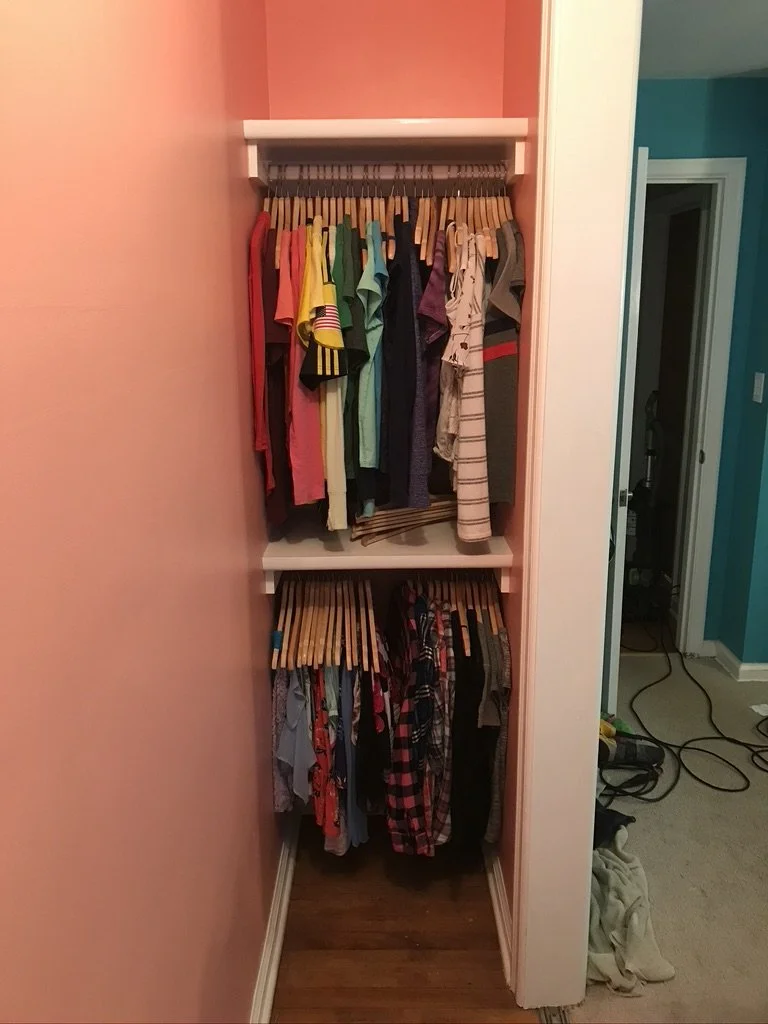 Demoed old closet and built custom shelves in our daughters closet to free up space in her room for storage and display of books, clothes, & collectibles. Along with the build I did all the trim work and painting. 