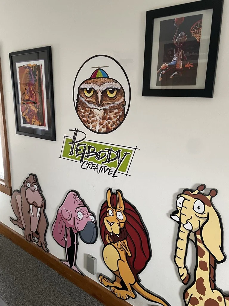 Illustrative woodworking. Characters were designed or a mural in our kiddos rooms. I designed the characters then used MDF to create wood cut outs that could be hung on the wall and moved around on the mural/wall. Hand cut, hand painted then finished