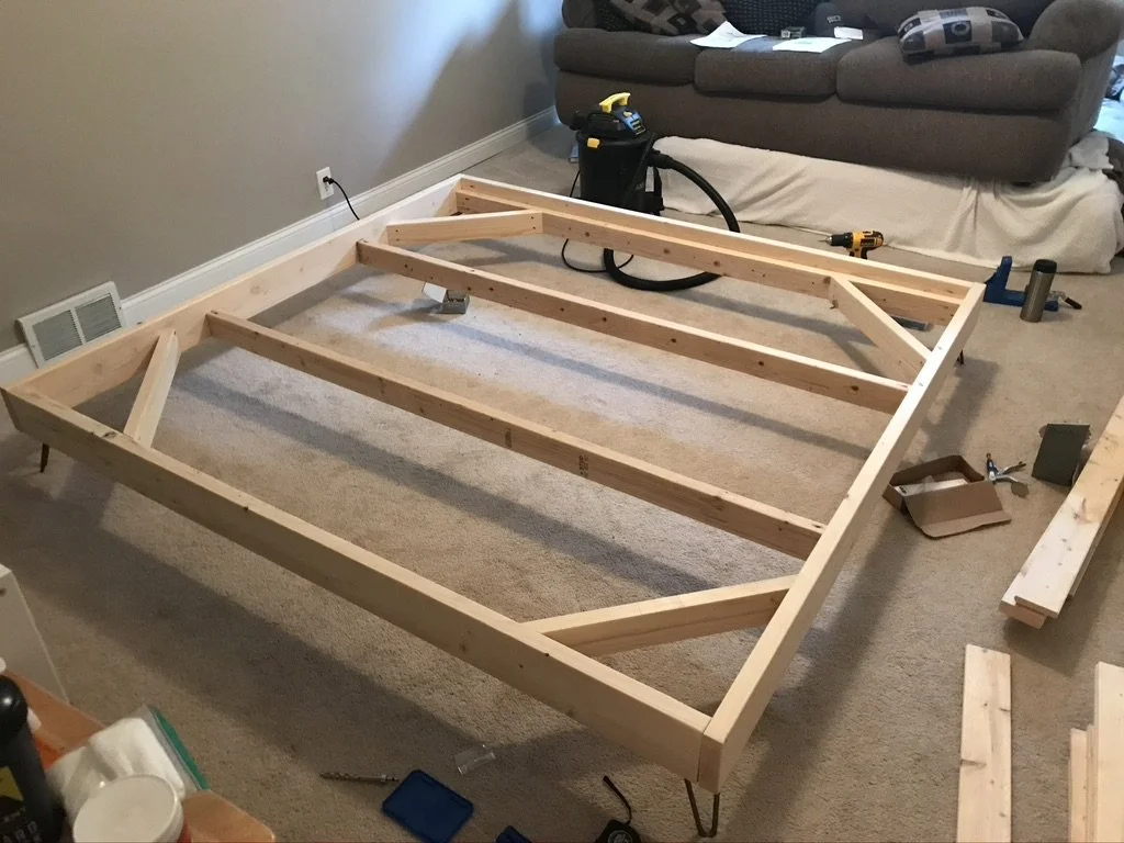 Bedframe built for our master bed. Legs were purchased from Hairpin Legs here in Cbus so I can't claim the metal work as my own. 