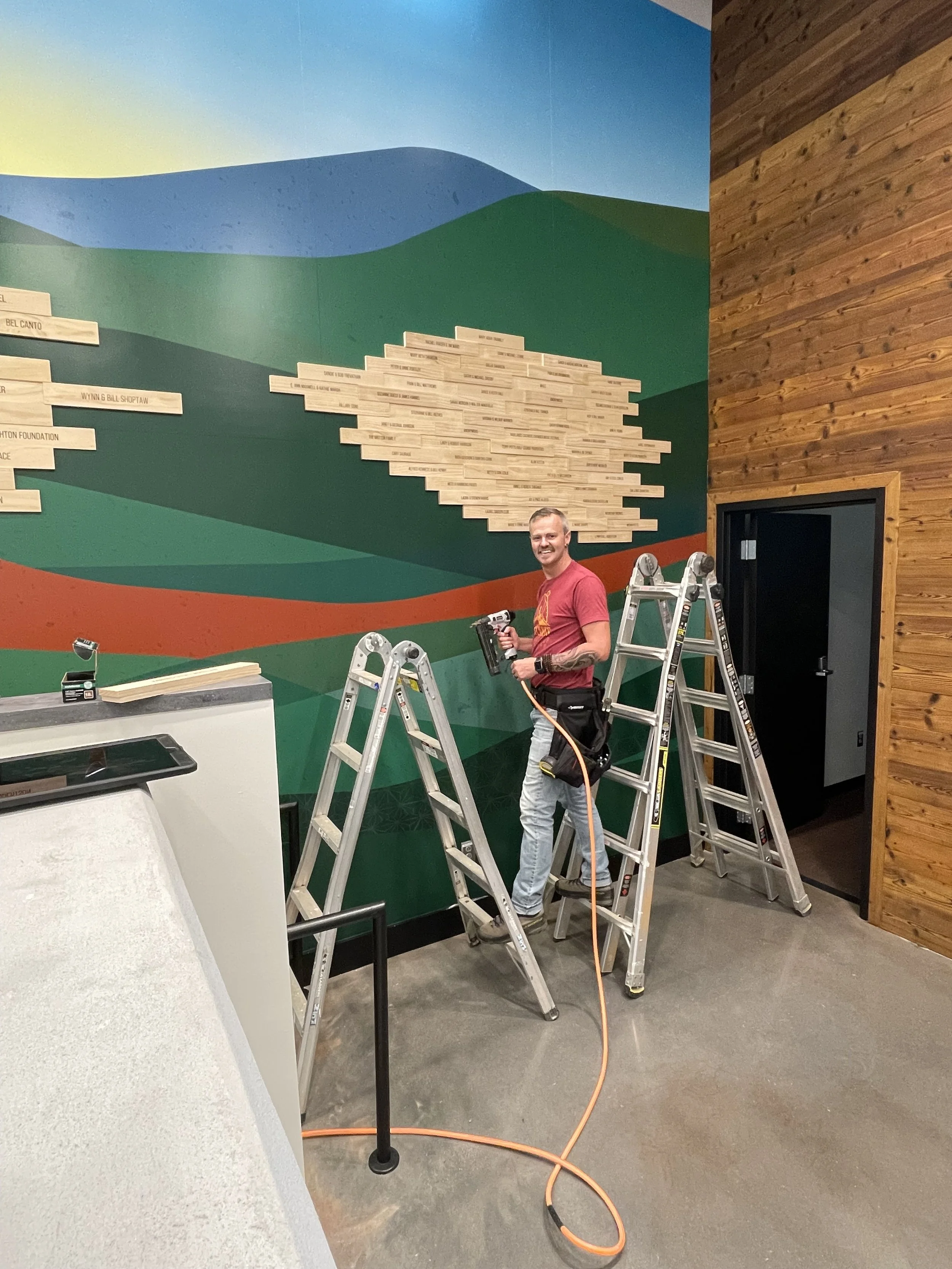 Designed and fabricated donor tiles for the Highlands (NC) Performing Arts Center donor wall. Each one was hand cut at different sizes and then planed at different depths to create a 3D effect. Each tile is also laser engraved and we did the installa