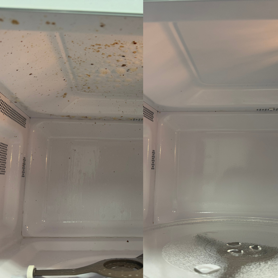 Before and after commercial microwave cleaning by Clean Spaces Co in Moore, Montgomery, and Randolph Counties.