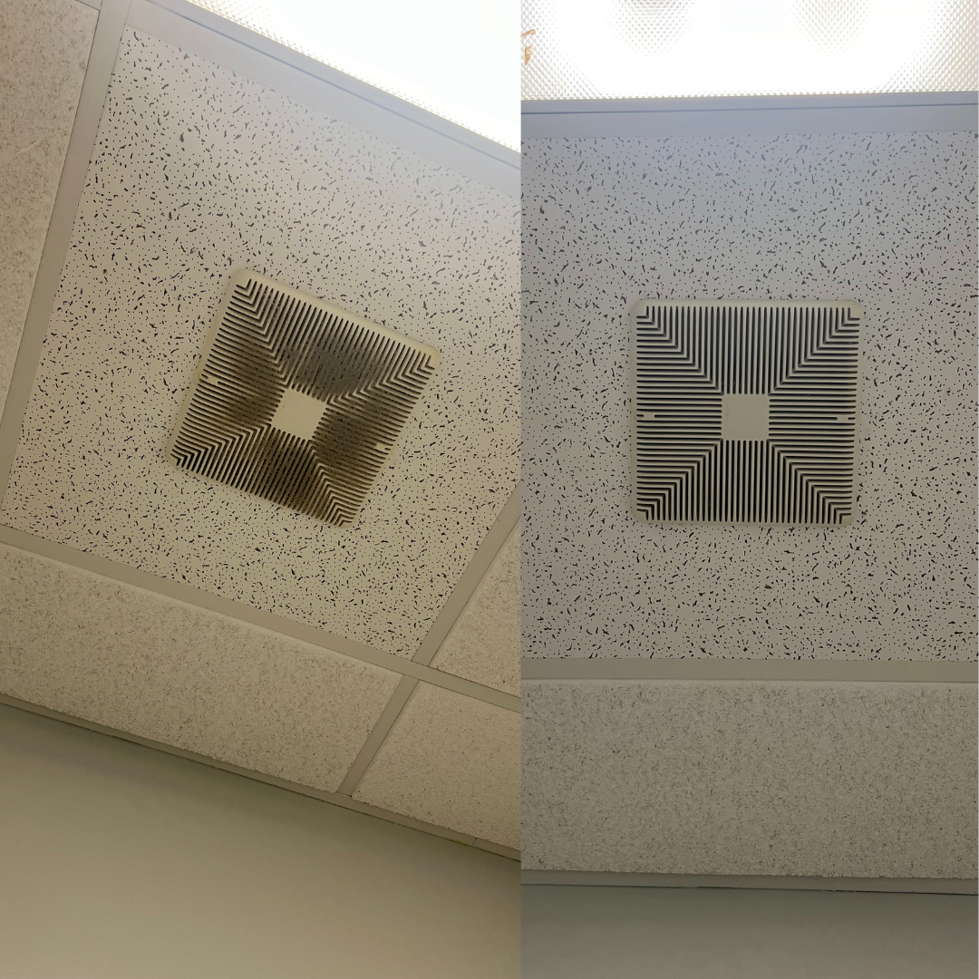 Before and after commercial air vent cleaning by Clean Spaces Co, removing dust from a dance studio vent in Moore County North Carolina.