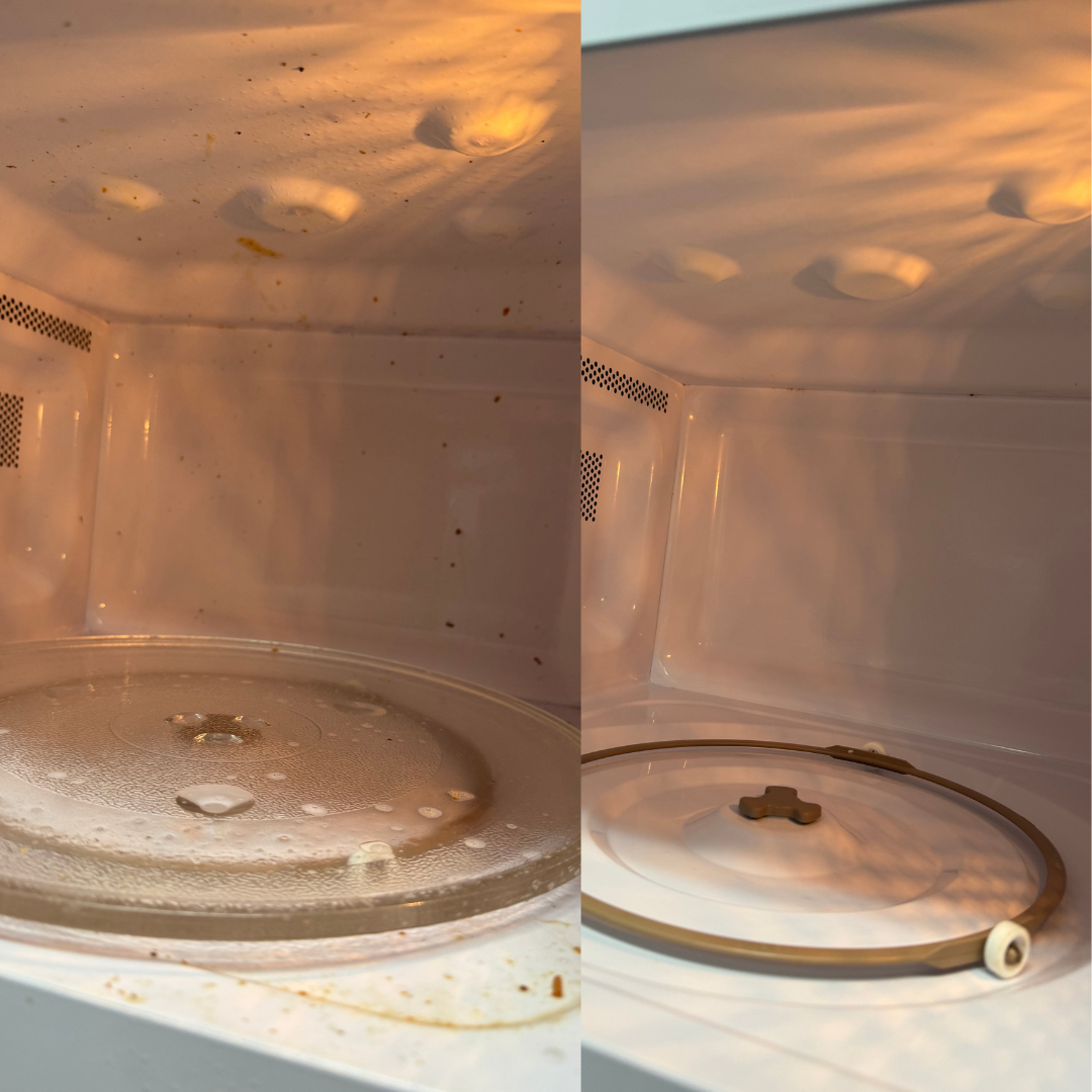 Before and after commercial microwave cleaning by Clean Spaces Co in Moore, Montgomery, and Randolph Counties.