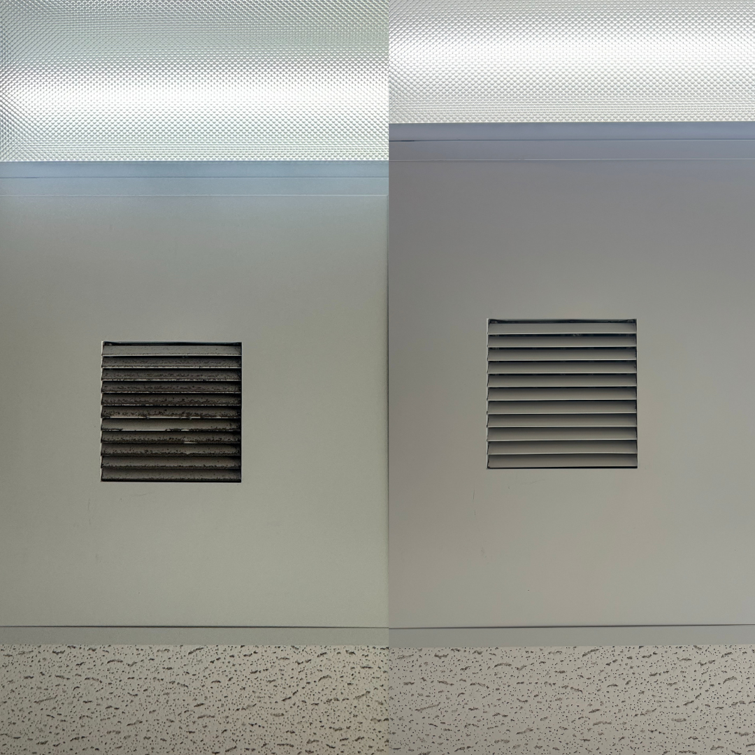 Before and after commercial vent cleaning by Clean Spaces Co, removing rust and dirt from office vents in Moore County, Randolph County, and Montgomery County, North Carolina.