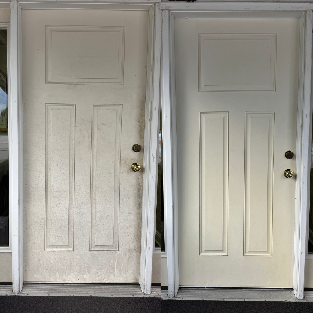 Before and after commercial exterior door cleaning by Clean Spaces Co, removing dirt and restoring surfaces for businesses in Moore County, Randolph County, and Montgomery County, North Carolina.