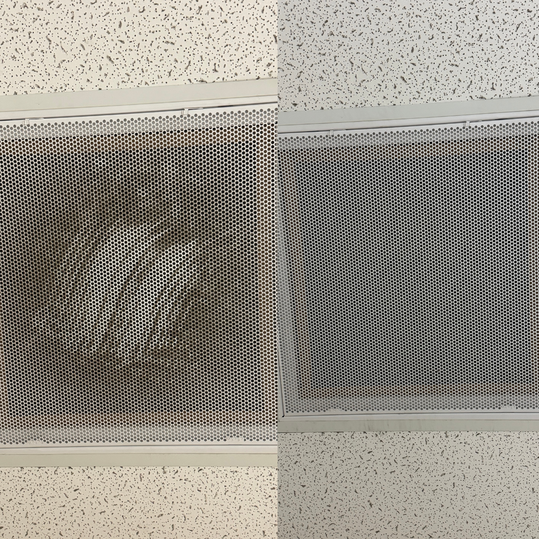 Before and after commercial air vent cleaning by Clean Spaces Co, removing dust from a dance studio vent in Moore County North Carolina.