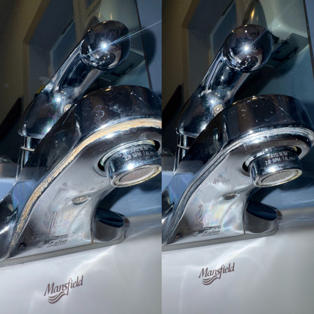 Commercial sink and chrome faucet cleaning by Clean Spaces Co, removing water residue  in Moore County, Randolph County, Montgomery County, North Carolina. 