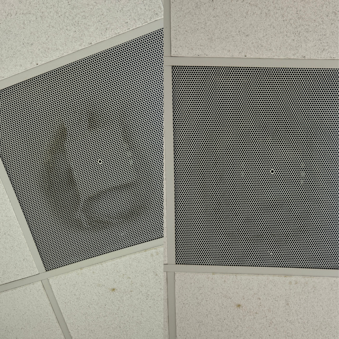 Before and after commercial air vent cleaning by Clean Spaces Co, removing dust and buildup in an office ceiling in Pinehurst, West End, Asheboro, Seagrove, North Carolina.