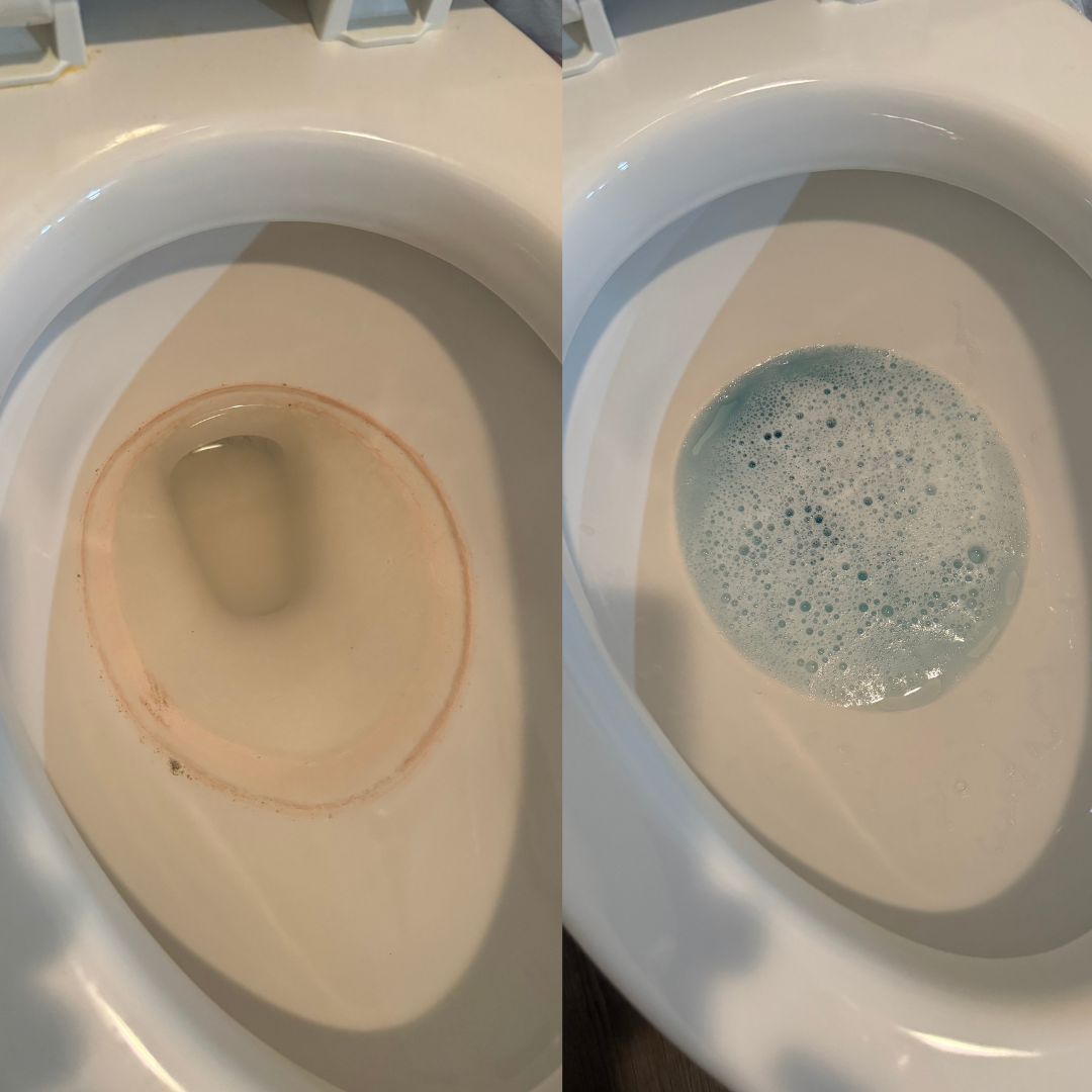 Before and after commercial toilet bowl cleaning by Clean Spaces Co in Moore, Montgomery, and Randolph Counties, North Carolina. 